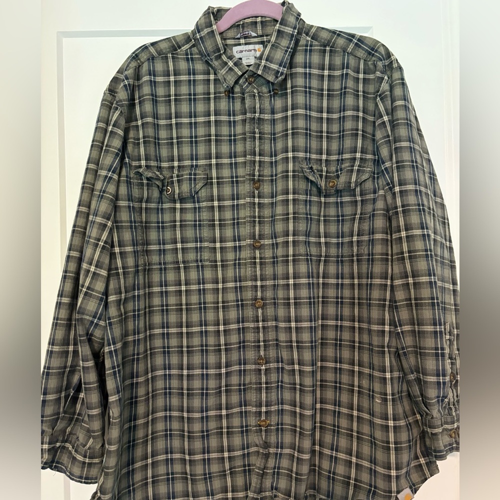 Carhartt Plaid Cotton Button Down Shirt Mens 2XL relaxed fit Grey‎ w Navy…